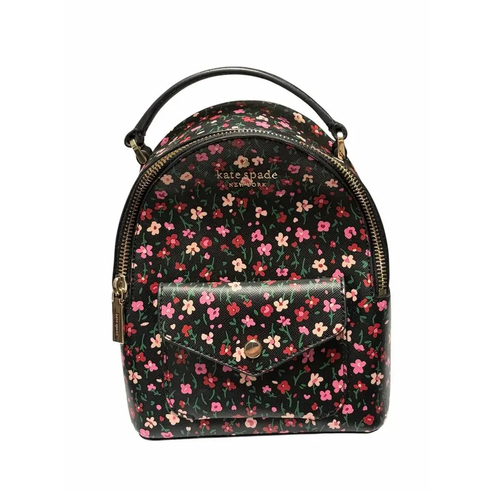 Kate Spade Floral Mini Backpack Black Pink Top Handle Leather Crossbody Purse